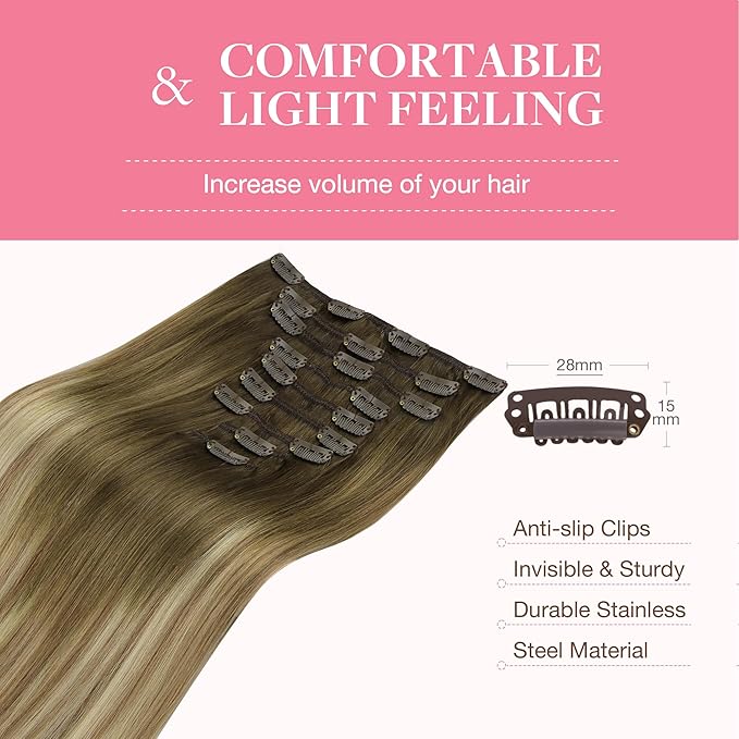 GOO GOO Clip in Hair Extensions Real Human Hair, Remy Human Hair Extensions Clip ins for Women, Natural Human Hair, 14inch 150g 9Pcs, 3/8/613 Balayage Walnut Brown to Ash Brown and Bleach Blonde