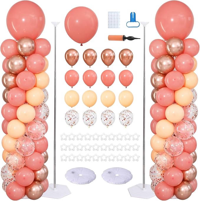 Dusty Pink Rose Gold Balloon Column Stand Kit of 2, Balloon Tower | 102Pcs by ZyloonDecoration