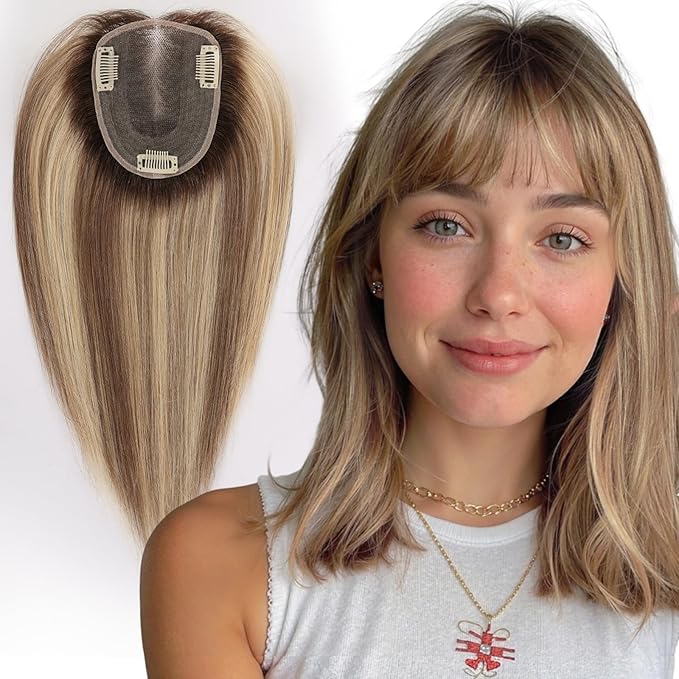 starluck Human Hair Toppers for Women with Thinning Hair, 14 Inch Real Hair Topper, 4.6x4 Inch SilkHug Swiss Lace Base Hairpiece, With Bangs (Ombre Ash Blonde)