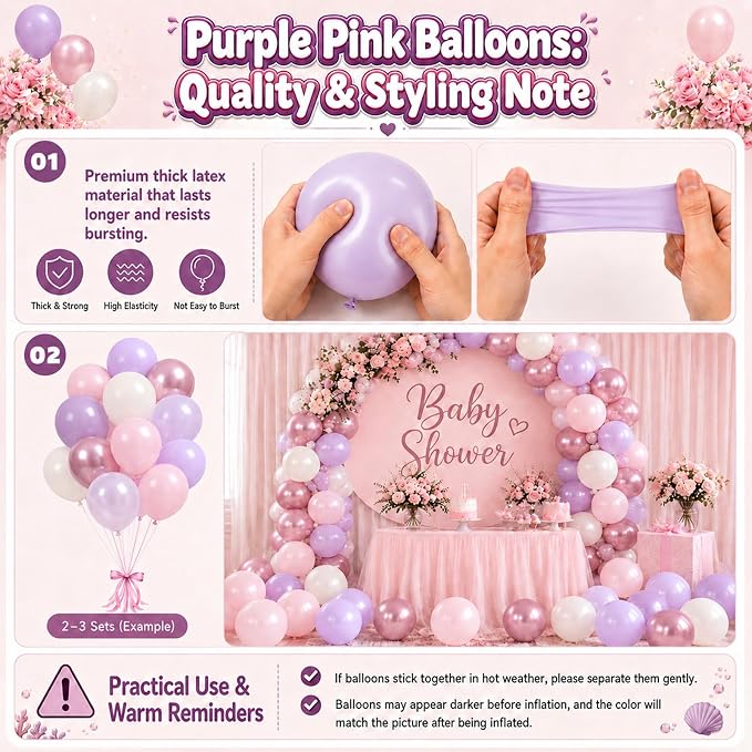 Pink and Purple Balloons, 12 Inch Pastel Light Pink Lavender White Balloons - Image 7