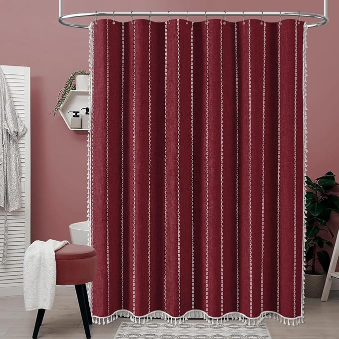 Burgundy Cream Boho Farmhouse Linen Heavy Duty Shower Curtain, 72x72 | 330GSM - Image 6