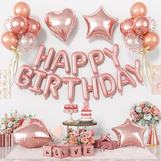 29PC Rose Gold Happy Birthday Balloon Banner, 16 Inch 3D Aluminum Letter Banner by Paready