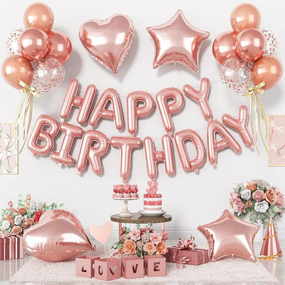 29PC Rose Gold Happy Birthday Balloon Banner, 16 Inch 3D Aluminum Letter Banner by Paready