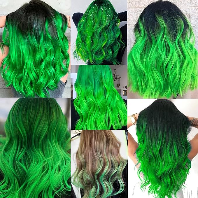 16 Pcs Colored Hair Extensions Curly Wavy Clip in Synthetic Hairpiece Streak,Colorful Hair Christmas New Year Cosplay Party Highlights for Girls Women Kids Gift(Neon Green)