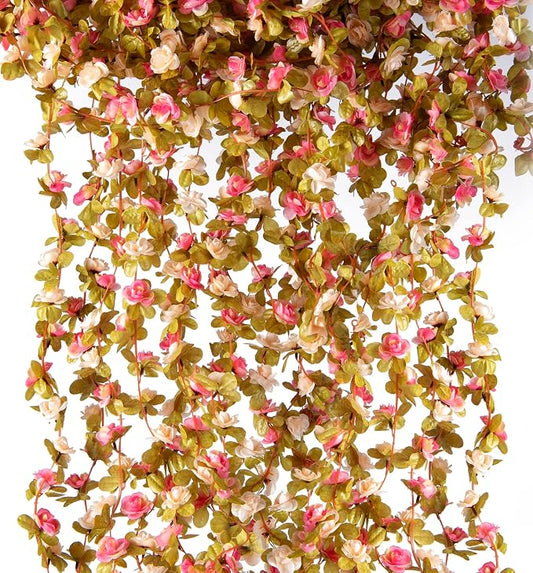 Artificial Flower Garland 6pcs 8.2ft Rose Vine Decor, Champagne Pink Flower | by PONKING