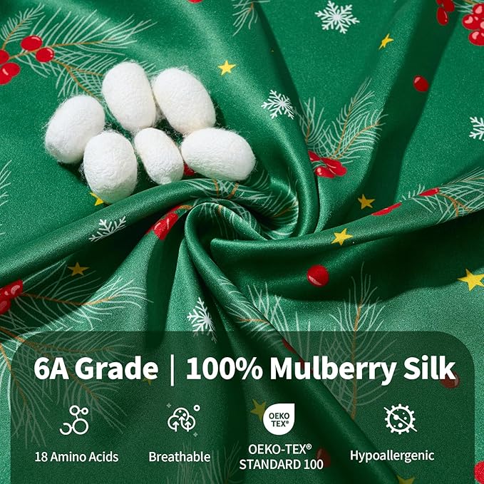 THXSILK Christmas Style 6A+ Grade Mulberry Silk Pillowcase for Hair and Skin, 22 Momme 100% Pure Silk Pillow Case with Hidden Zipper, Christmas Holly Printed Pillow Cover(Queen Size 20"x30",Green)