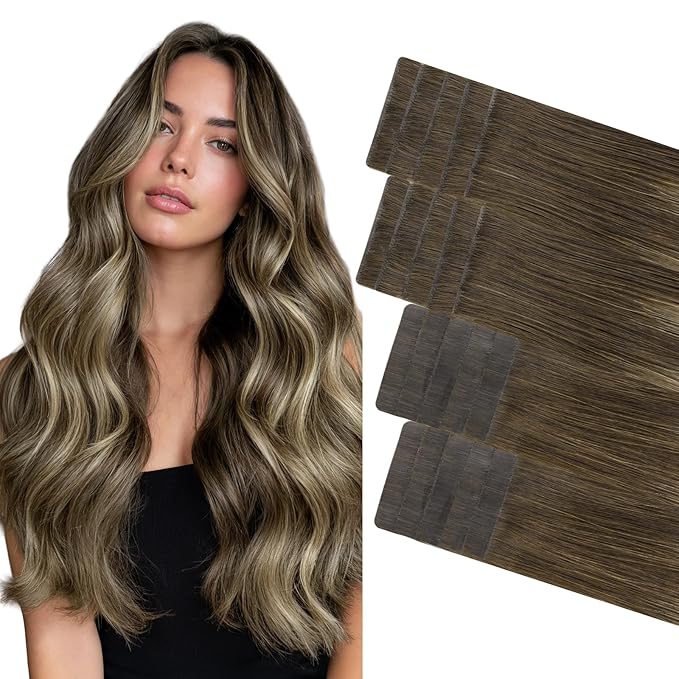 GOO GOO Invisi Edge Tape in Hair Extensions Human Hair, 4/26/4 Balayage Chocolate Brown to Honey Blonde 10pcs injected with 10pcs classical tape ins, 16inch 50g, Virgin Remy Hair, Natural Look