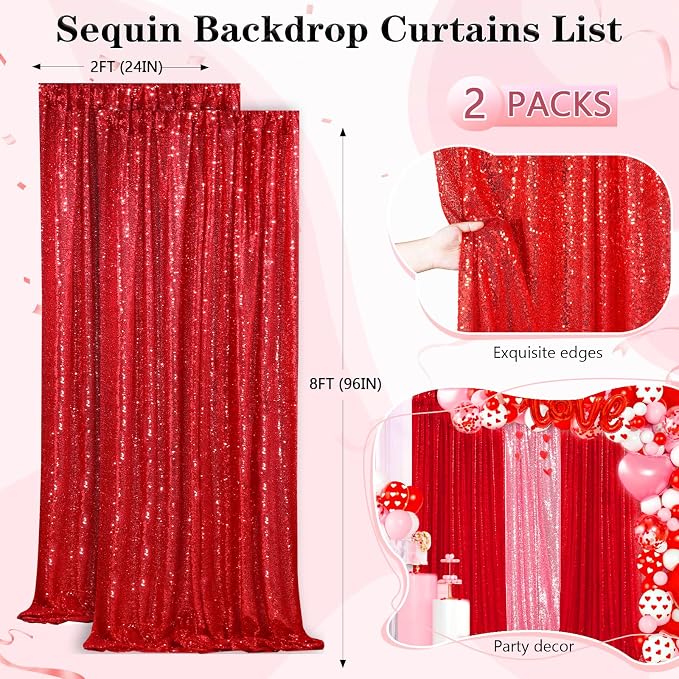 QueenDream Red Sequin Backdrop 2 Panels 2FTx8FT Christmas Party Backdrop | - Image 5