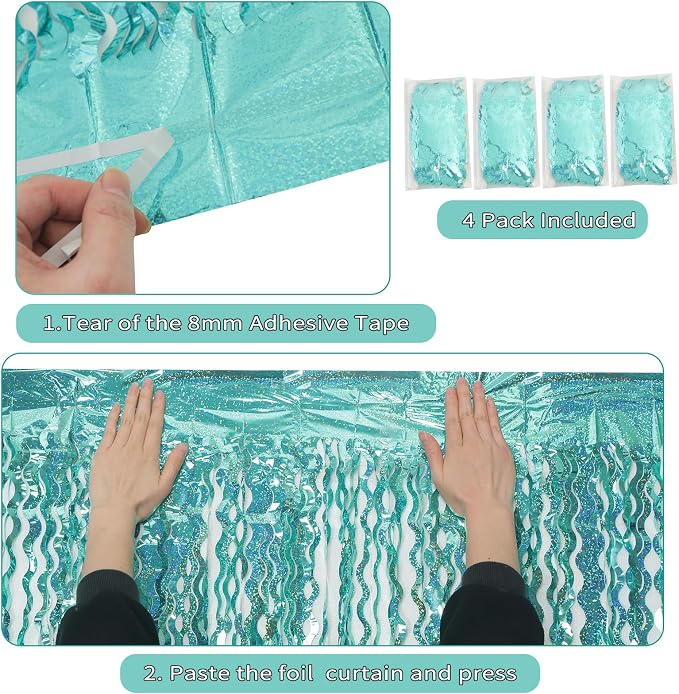 4 Pack 3.3 ft x 6.6 ft Wavy Sparkle Aqua Teal Blue Foil Curtain - Image 4