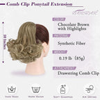 BARSDAR Short Highlight Ponytail Extension - 10 Inch Wavy Drawstring Comb Clip Pony Tails Hairpieces for Women, Synthetic Clip in Ponytail Hair Extensions - Chocolate Brown with Highlights