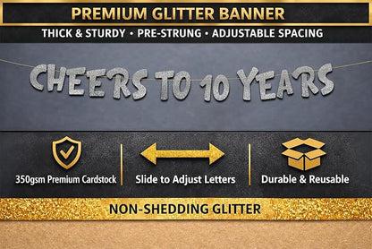 Pre-Strung Cheers to 10 Years Silver Glitter Banner - Image 3