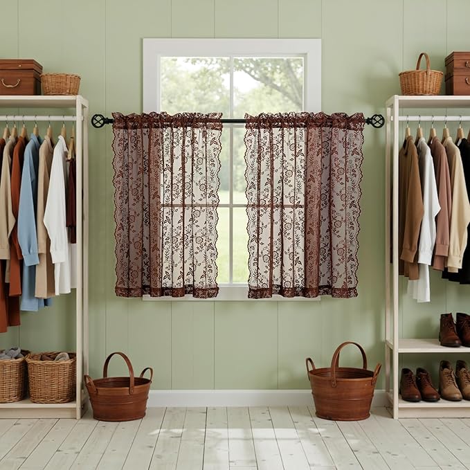 Chestnut Brown Sheer Lace Curtains Leaf Floral W42 x L45 Inch, 2 Panels | Rod - Image 7