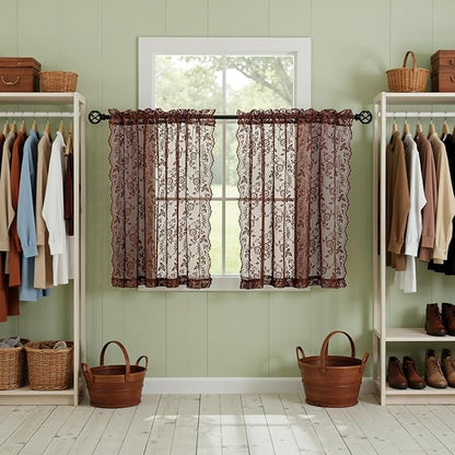 Chestnut Brown Sheer Lace Curtains Leaf Floral W42 x L45 Inch, 2 Panels | Rod - Image 7