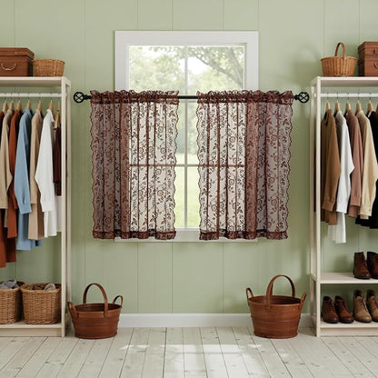 FINECITY Chestnut Brown Sheer Curtains Leaf Floral W42 x L36 Inch, 2 Panels | - Image 7