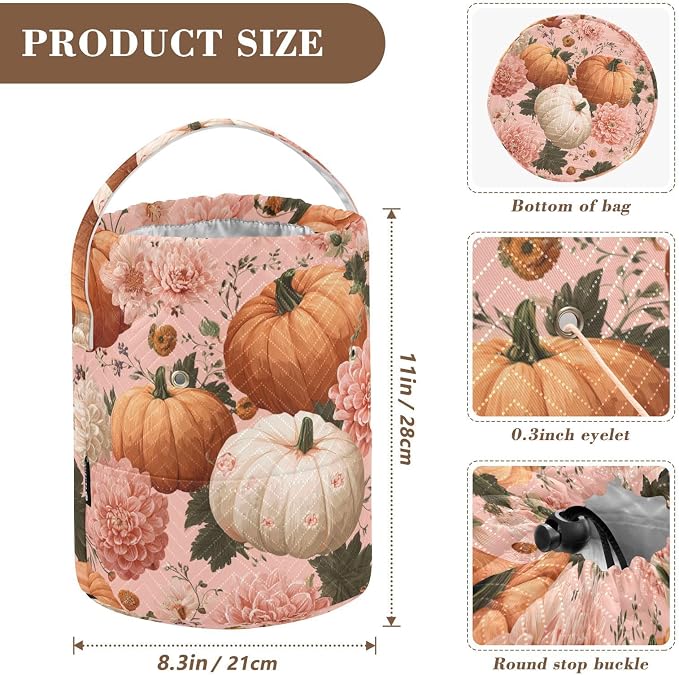 Halloween Pink Flowers and Pumpkins Yarn Bag Small Crochet Bag Drawstring Yarn - Image 3