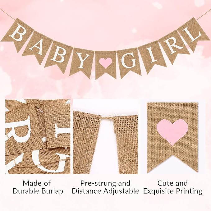 Pre-Strung Baby Girl Burlap Banner, Gender Reveal Banner - Image 5