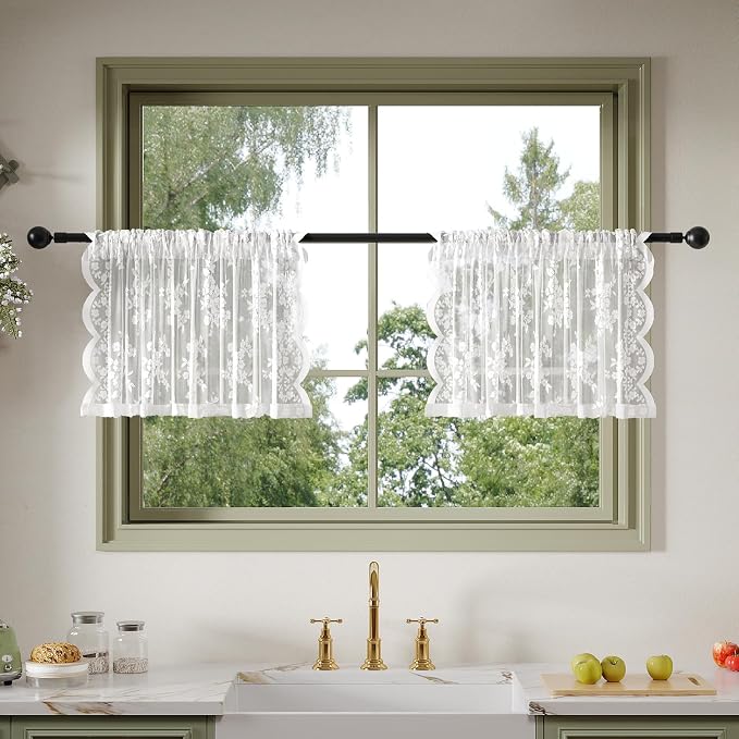 Anmao Vintage Lace Kitchen Curtains 18 Inches Long 2 Panels, Romantic Semi by Anmao