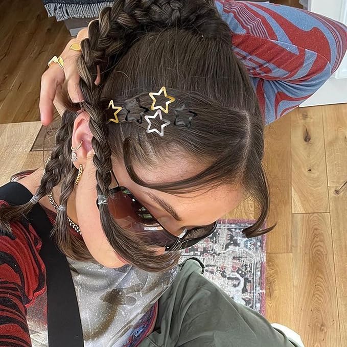 Star Hair Clips 2000s Y2K Snap Hair Barrettes Non Slip Star Hair Accessories Black Gold Silver Metal Hair Clips for Girls Women -30 PCS 1.18"