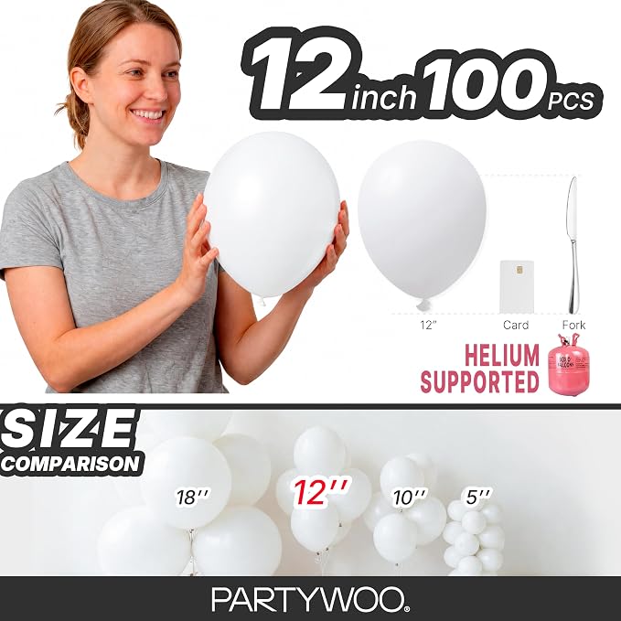 PartyWoo White Balloons 100pcs 12 Inch Latex Helium White Balloons | Wedding - Image 6