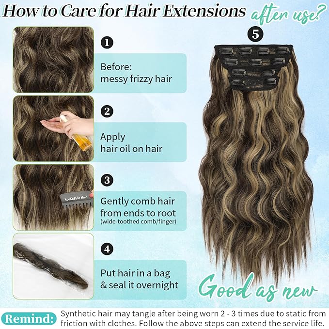 KooKaStyle Clip in Synthetic Hair Extensions Long Wavy 4PCS Thick Hairpieces Brown mix Sandy Blonde F6/18 Fiber Double Weft Natural Hair Extensions 20 Inch for Women