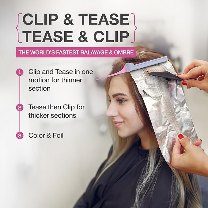 COLORBOW ColorBow Rat Tail Teasing Clip Comb (2 Pack) Hair Straightener Comb - Flat Iron Comb - Straightening Comb - Hair Coloring Pink / Gray