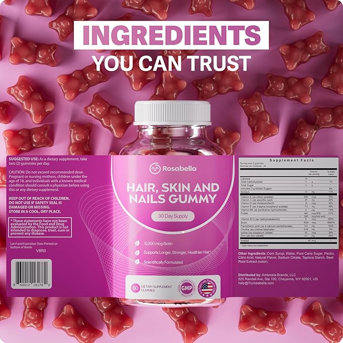 Rosabella Hair Growth Gummies for Women & Men – Vegan Hair Gummies with 5000mcg Biotin – Hair Vitamins for Strong, Healthy-Looking Hair – Gummy Biotin Supplement – 60 Count