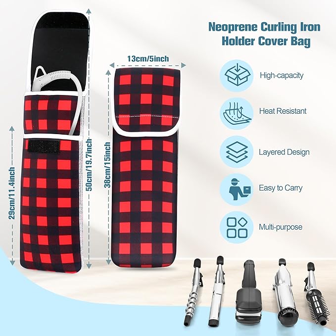 Women's Heat Resistant Neoprene Curling Iron Holder Flat Iron Curling Wand Travel Storage Cover Case Bag Pouch -Water-Resistant (Red lattice)