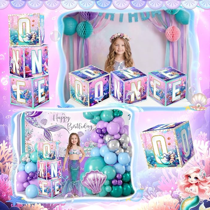 3 Pcs 1st Mermaid Birthday Decorations One Birthday Balloon Boxes Mermaid Party - Image 4