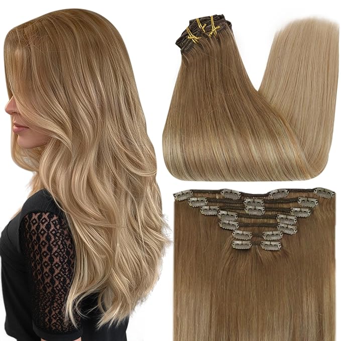 Full Shine Human Hair Extensions Clip ins Balayage Blonde 22 Inch Human Hair Clip in Extensions Golden Brown Ombre Remy Hair Extensions for Fine Hair 7 Pcs 120 G