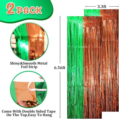 Voircoloria Green Brown Foil Fringe Backdrop Curtains, 2 Pack | Tinsel Streamers - Image 2