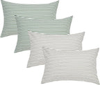 JELLYMONI 100% Natural Cotton Striped Standard Pillowcases Set, 4 Pack White and Grey and Green Stripes Pillow Covers with Envelope Closure(Pillows are not Included)