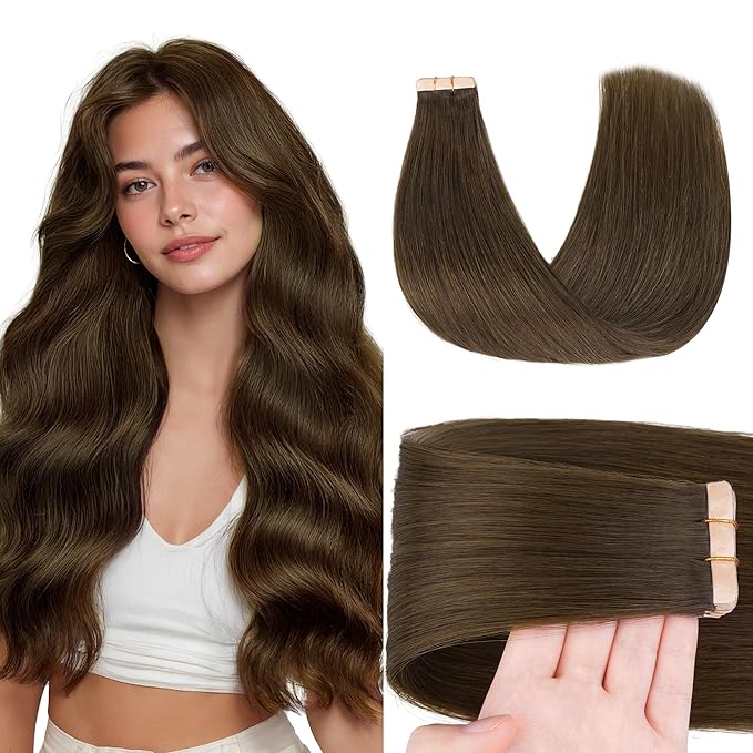 GOO GOO Tape in Hair Extensions Human Hair, #4H Light Chocolate Brown, 18inch 50g 20pcs, Skin Weft Seamless Invisible, Silky Straight with Thick Ends, Remy Human Hair