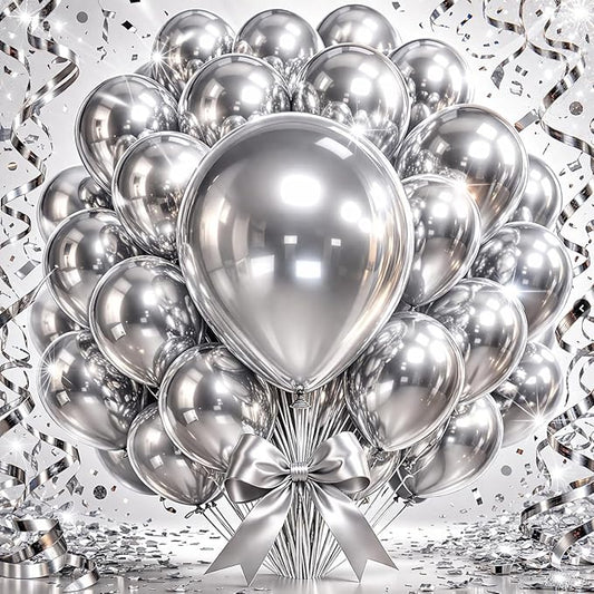 Chrome Silver Metallic Latex Balloons, 100 Pack 12 Inch Round Helium Silver by Tamodan+for+better