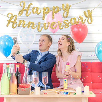 Happy Anniversary Banner Sign Gold Glitter Wedding Bunting Banner Flag Garland - Image 3
