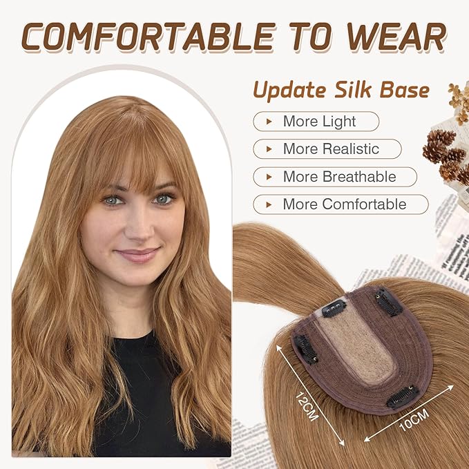 Rich Choices Real Human Hair Topper for Women With Bang - 100% Remy Human Hair for Thinning Hair, Clip in Silk Base, 16 Inch #6 Light Brown