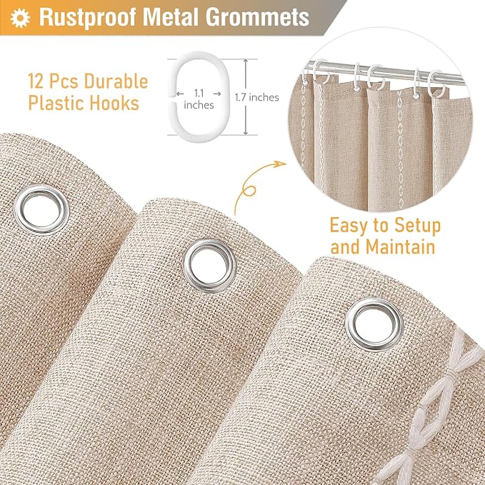 Tan Cream Boho Farmhouse Linen Heavy Duty Shower Curtain, 72x72 | 330GSM Linen - Image 5