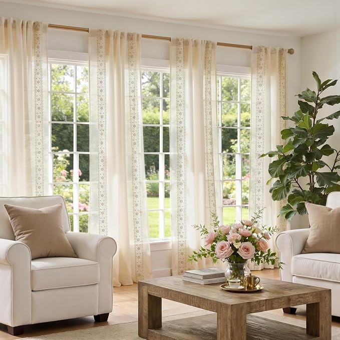 jinchan Floral Sheer Linen Curtains, Back Tab 50x84 Inch, 2 Panels Ivory | Semi - Image 7