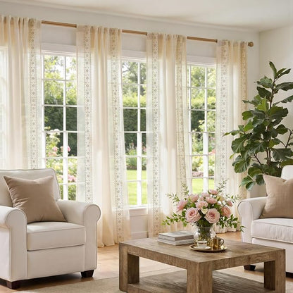 jinchan Floral Sheer Linen Curtains, Back Tab 50x84 Inch, 2 Panels Ivory | Semi - Image 7