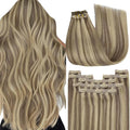 YoungSee Highlight Clip in Human Hair Extensions 22 inch Real Human Hair Extensions Clip ins Blonde Highlights with Light Brown Clip in Extensions Long Straight Hair 7Pcs 120G