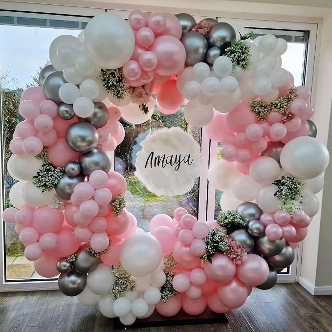 Pink and Silver Balloons, 12 Inch Hot Pink Pastel Latex Balloon Metallic Chrome - Image 5