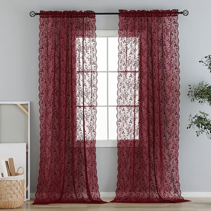 Burgundy Sheer Curtains for Bedroom Rustic Floral W42 x L54 Inch, 2 Panels | - Image 9