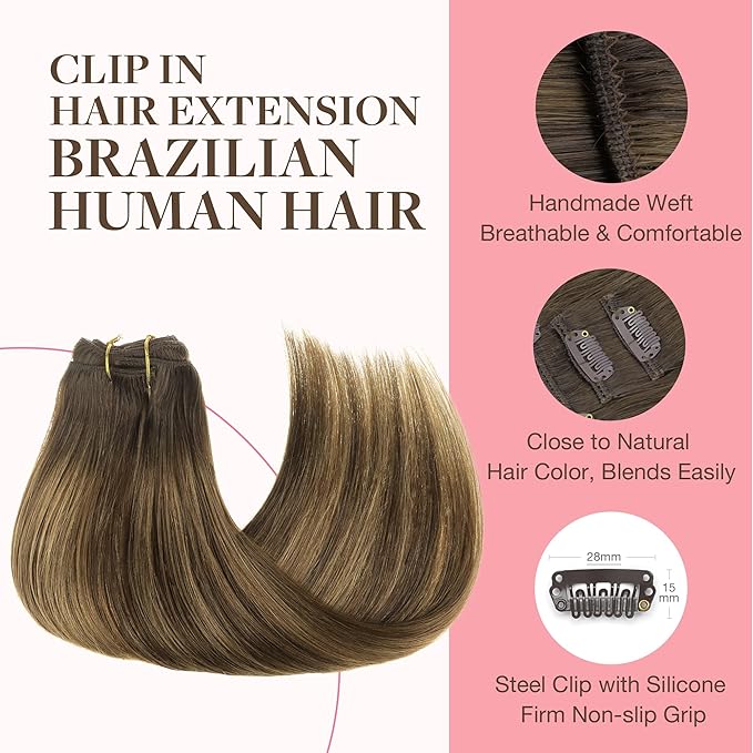 GOO GOO Clip in Hair Extensions Real Human Hair, Remy Human Hair Extensions Clip ins for Women, Natural Human Hair, 20inch 120g 7Pcs, 4D/14/5B Brunette Balayage