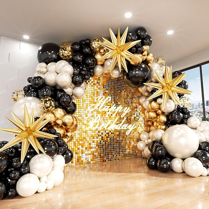 Black Gold White Balloon Arch Kit, Double Stuffed Pearl Sand White Black Chrome by ADOINBY