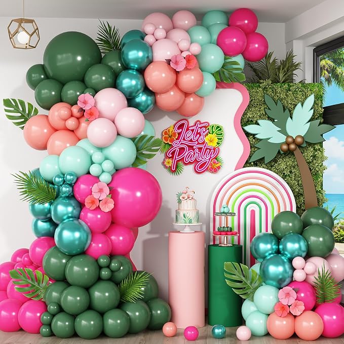 Tropical Flamingo Balloon Arch Garland Kit, Hot Pink Metallic Green Light Pink by Paeyeq