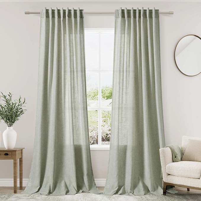 Sage Green Linen Blend Light Filtering Curtains 86 Inches Long 2 Panel Set by Nanspring