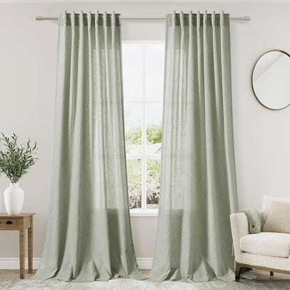 Sage Green Linen Blend Light Filtering Curtains 86 Inches Long 2 Panel Set by Nanspring