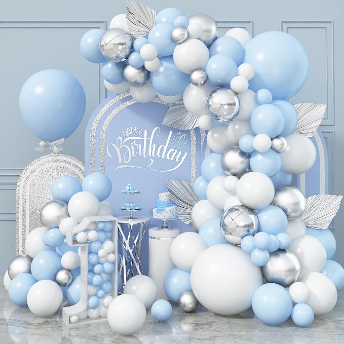 Jobkoo Blue White Balloon Arch Kit Baby Blue White Silver Balloon Garland 4D by Jobkoo