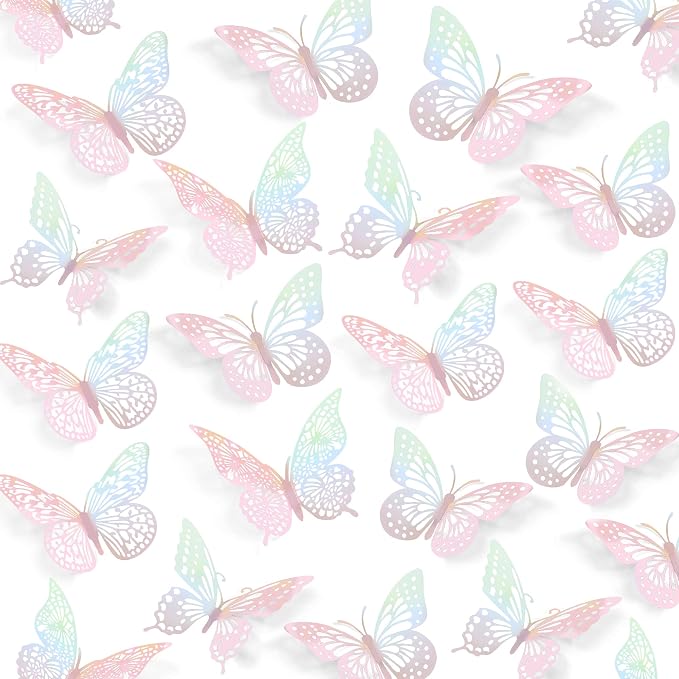 SAOROPEB 3D Butterfly Wall Decor 48 Pcs Laser Pink Butterfly Decorations | 4 by SAOROPEB