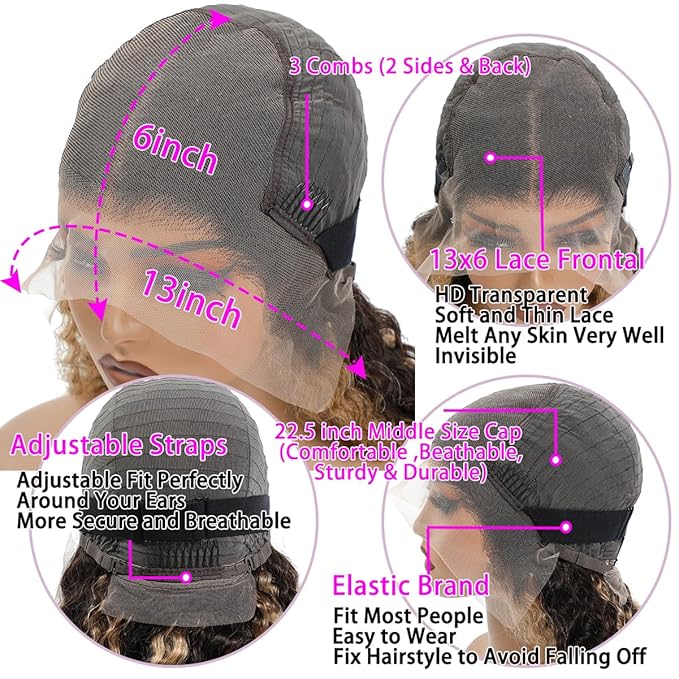 13x6 Highlight Deep Wave Lace Front Wigs Human Hair 210% Density Deep Curly Human Hair Wig Pre Plucked 28inch P4/27 Ombre HD Lace Frontal Wigs for Women