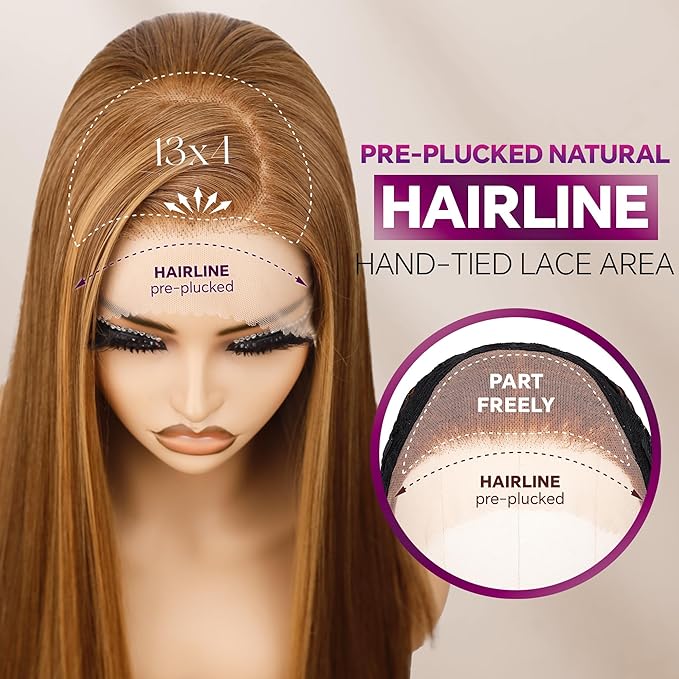 BLL Honey Blonde Wig, 13x4 Synthetic Lace Front Wigs Pre-Plucked Hd Lace Long Straight Sunkissed Highlights Glueless Wig For Black Women 26inch Suitable For Everyday Wear